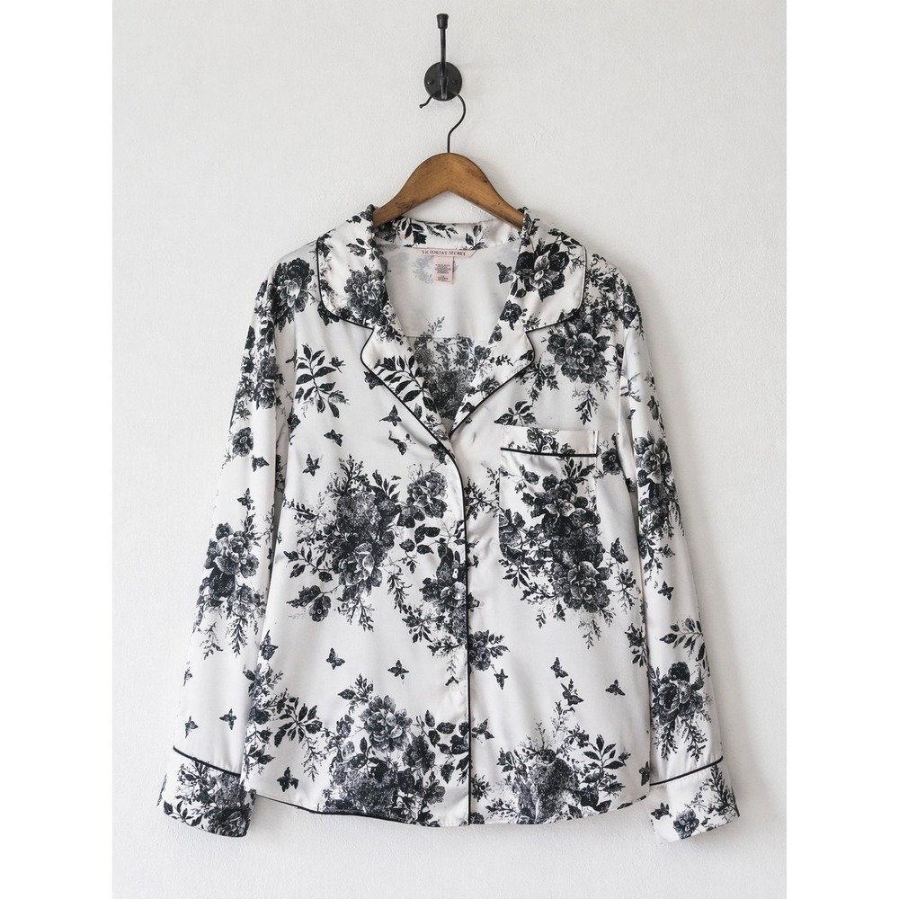 Victoria's Secret Satin Pajama Top Women L/G Black White Floral Long